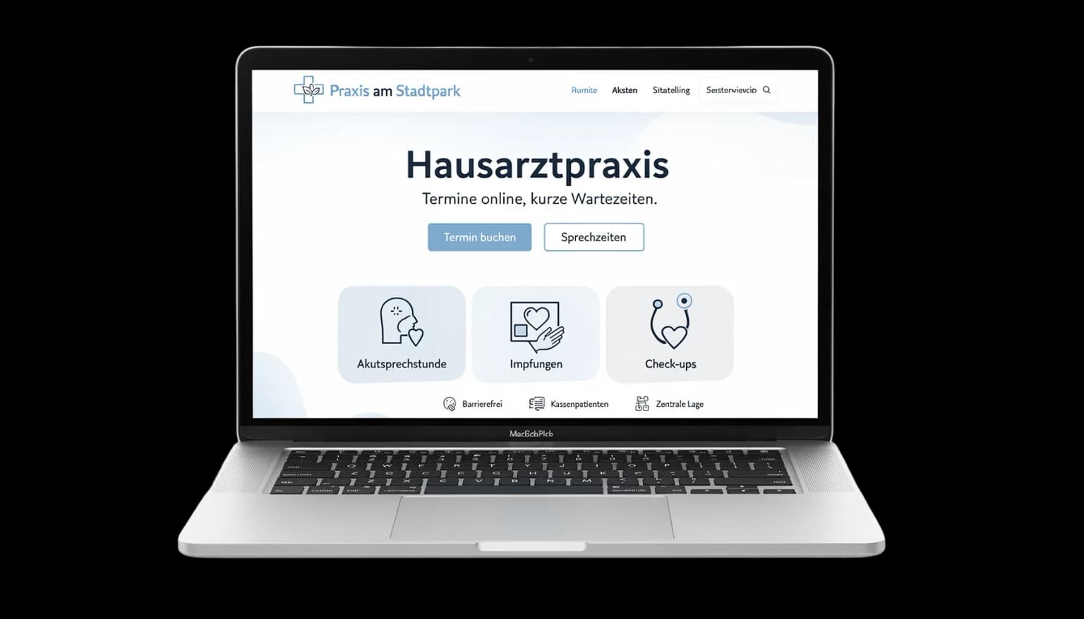 MacBook-Laptop-Mockup mit fiktiver deutscher Website für eine Arztpraxis (Praxis am Stadtpark) auf hellem Hintergrund.