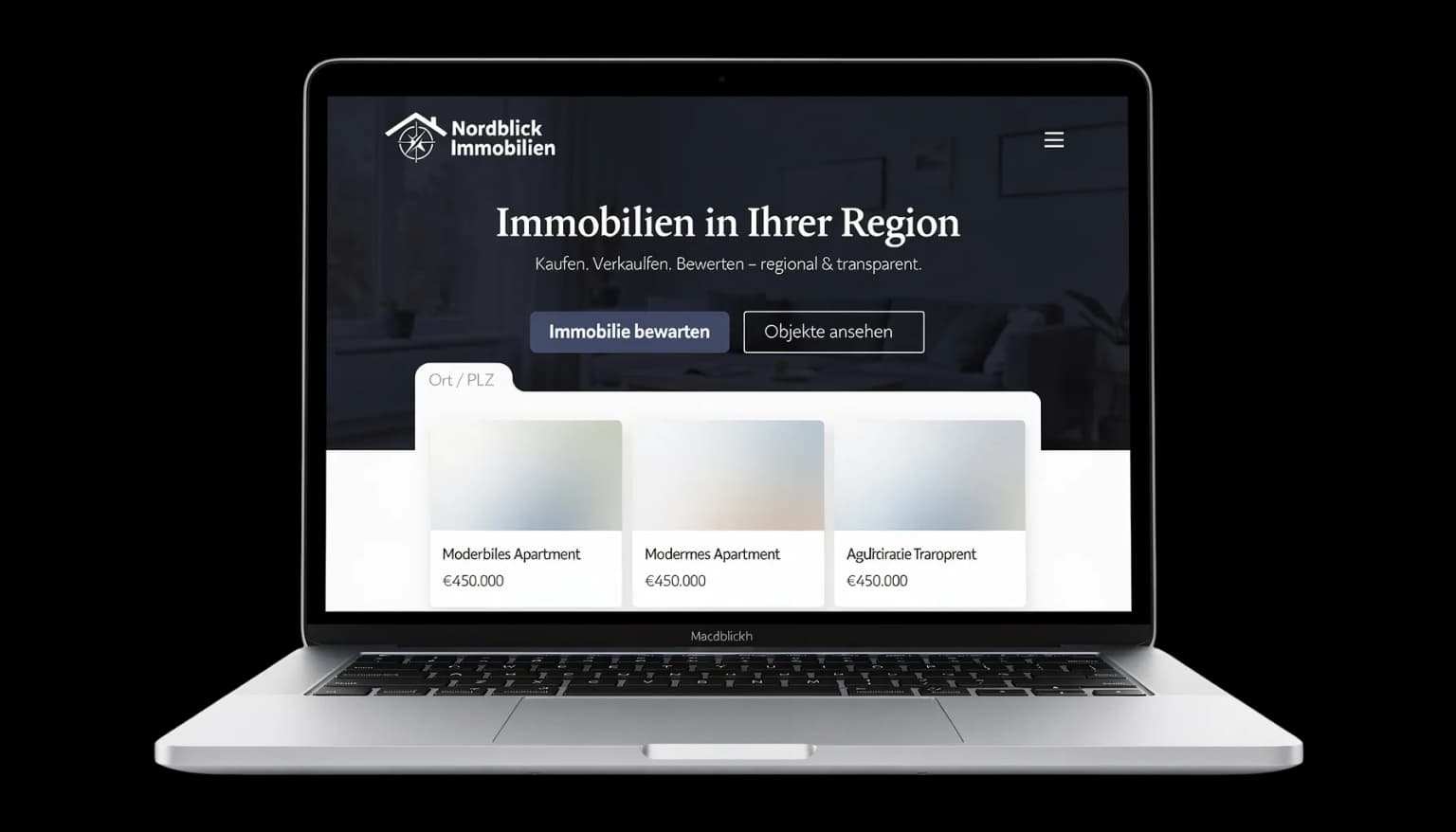 MacBook-Laptop-Mockup mit fiktiver deutscher Website für eine Immobilienfirma (Nordblick Immobilien) auf hellem Hintergrund.